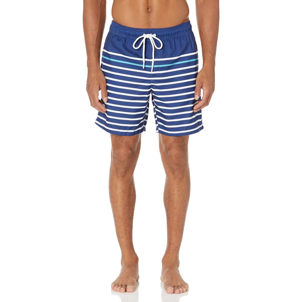 Amazon Essentials Men's 7" Quick-Dry Swim Trunk -  Dark Blue Stripe, Medium